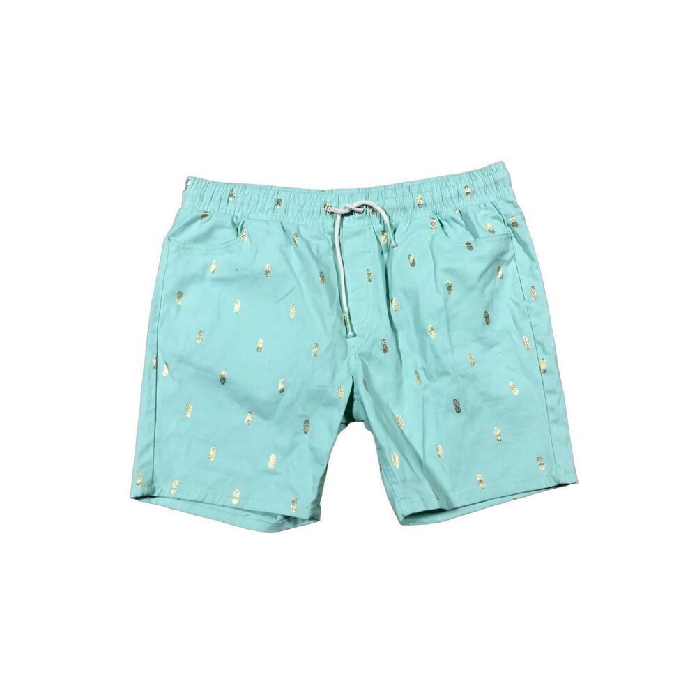 Drill Extra Large (XL) Shorts Drawstring Mint Green with Gold Pineapples
